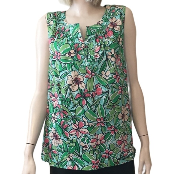 TALBOTS Floral Print Blouse Top Cotton Green Watermelon Sleeveless Tunic Tank - Picture 4 of 16